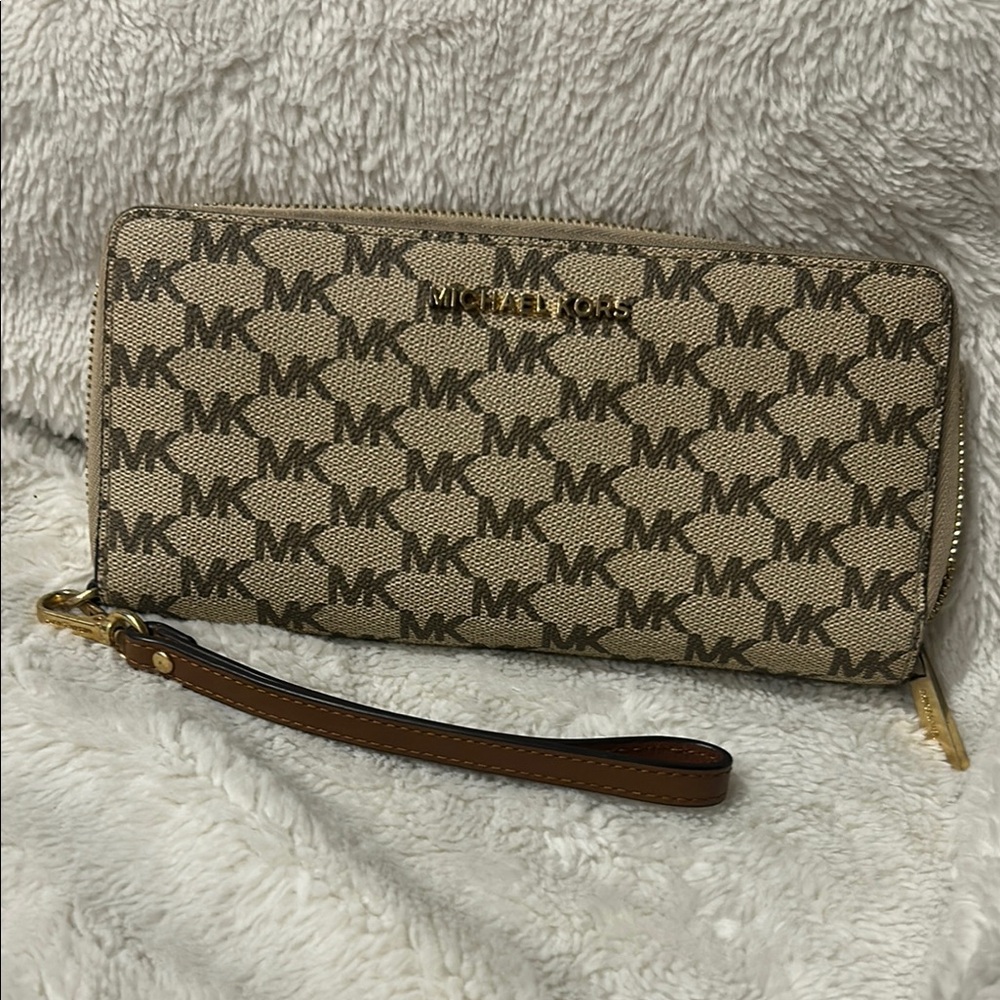 Michael Kors Tan and Brown Logo Wristlet